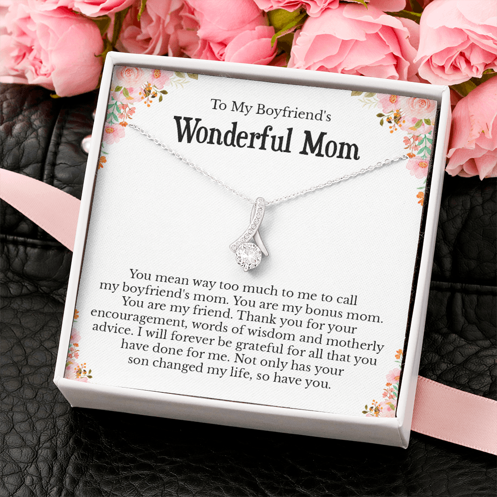 To My Boyfriend's Mom Message Card Necklace Jewelry Gifts from Son Girlfriend, BF Mom Gift Present Ideas, Future Mother In Law Pendant E