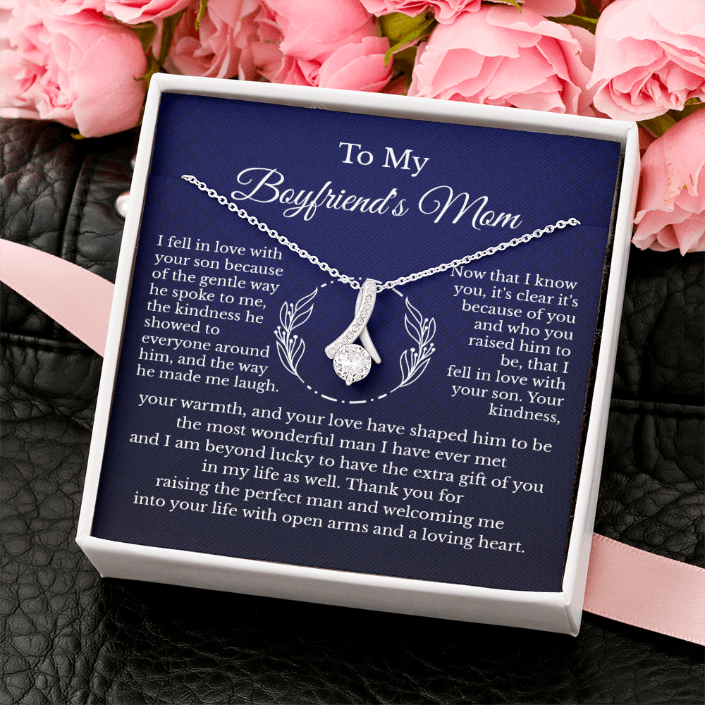 To My Boyfriend's Beautiful Mother Message Card Necklace Jewelry Gift, Mother's Day Birthday Christmas Appreciation Pendant Present Idea B