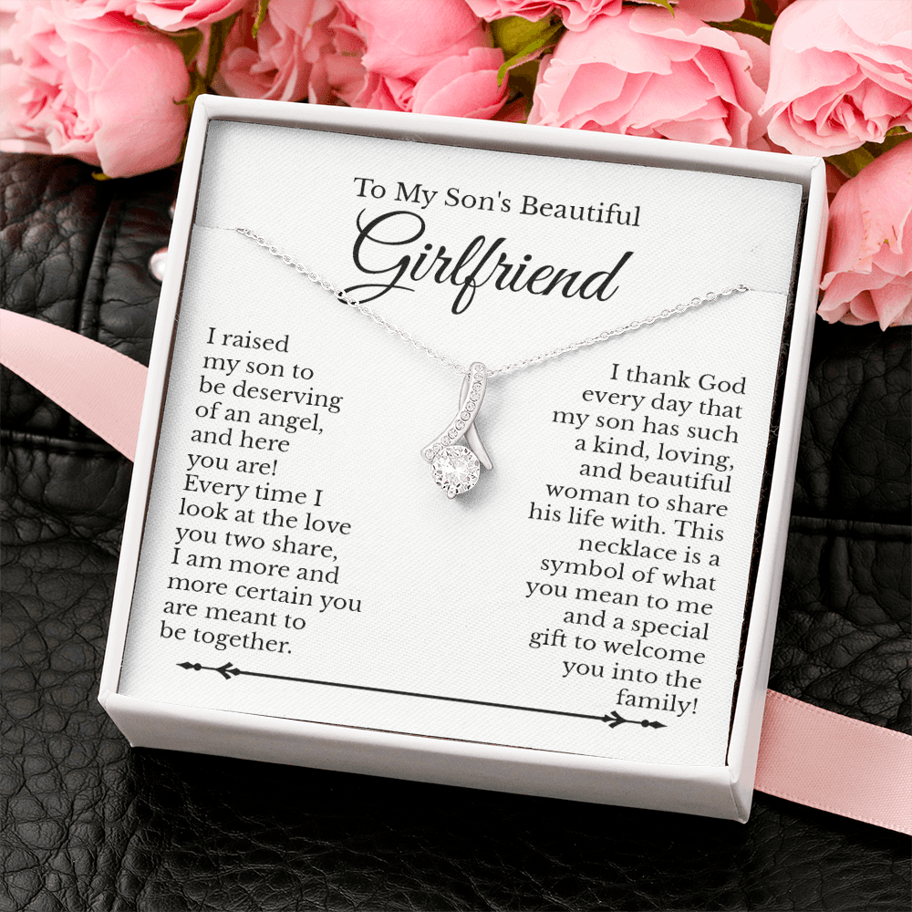 To My Son's Beautiful Girlfriend Message Card Necklace Jewelry, Bonus Daughter Sweet Present Idea, Future Daughter in Law Pendant Ideas 230d
