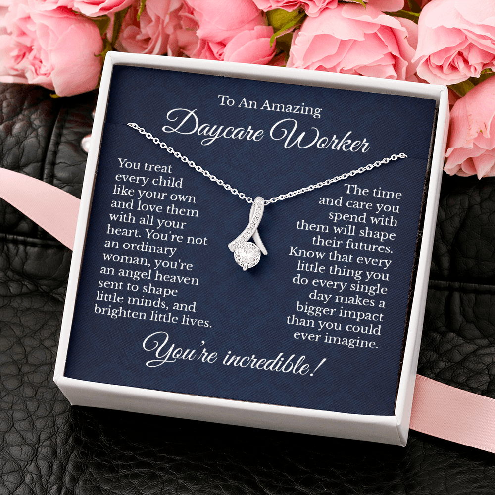 Daycare Worker Message Card Necklace Jewelry for Women, Daycare Staff Birthday Present Ideas, Daycare Teacher Thank You Pendant Gifts 211c