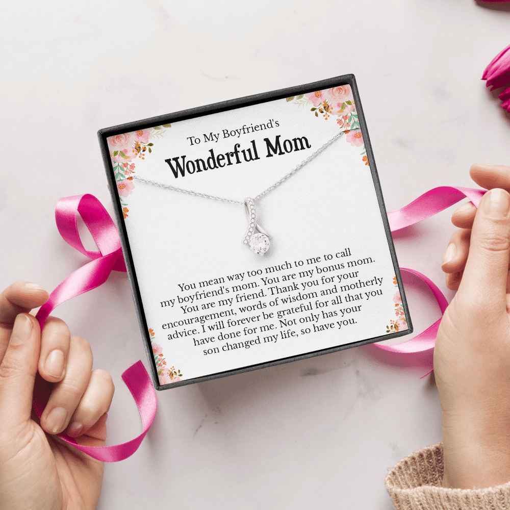 To My Boyfriend's Mom Message Card Necklace Jewelry Gifts from Son Girlfriend, BF Mom Gift Present Ideas, Future Mother In Law Pendant E