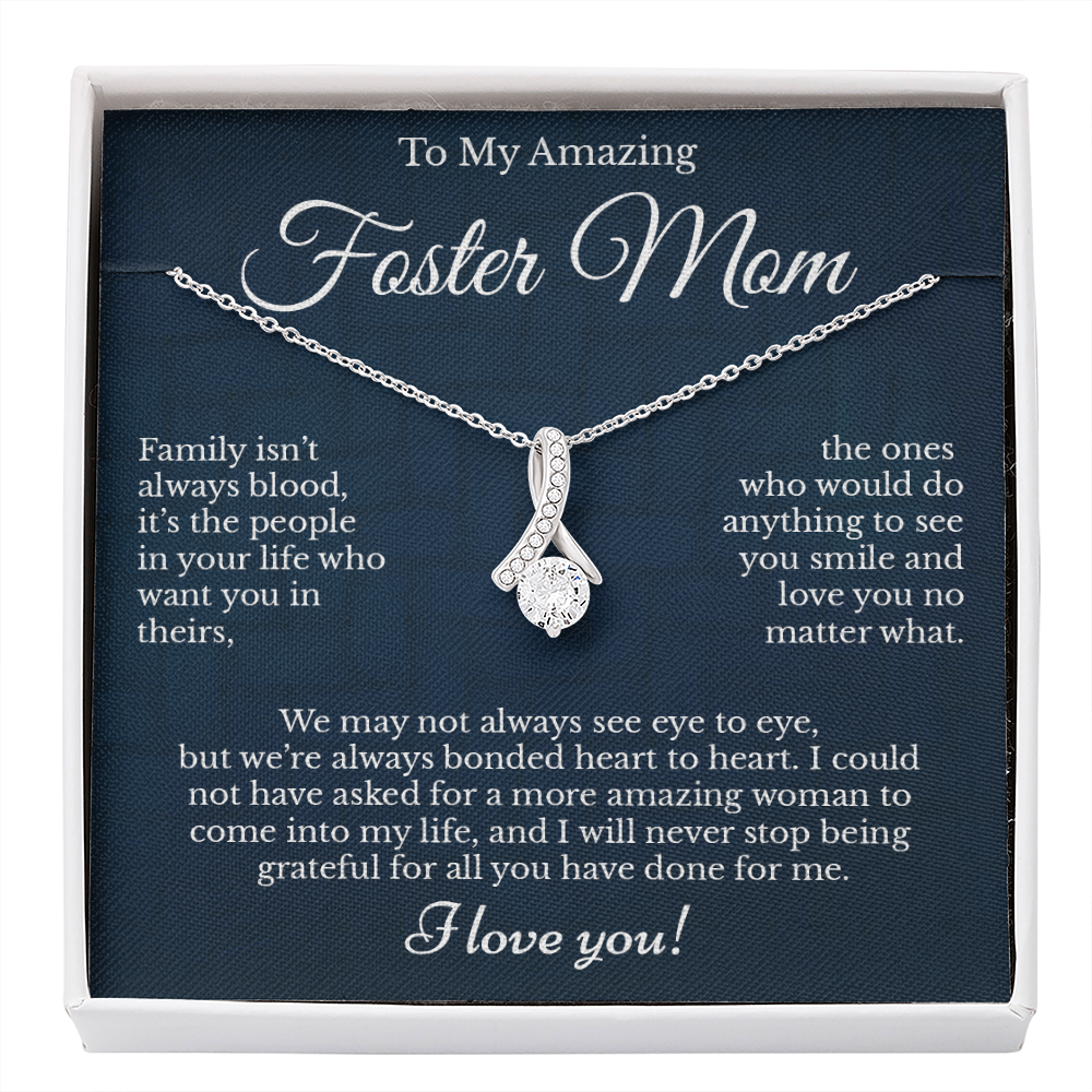 Foster Mom Message Card Necklace Jewelry Gift from Son / Daughter, Unbiological Mother Thoughtful Pendant Present Idea for Bonus Mommy 212a