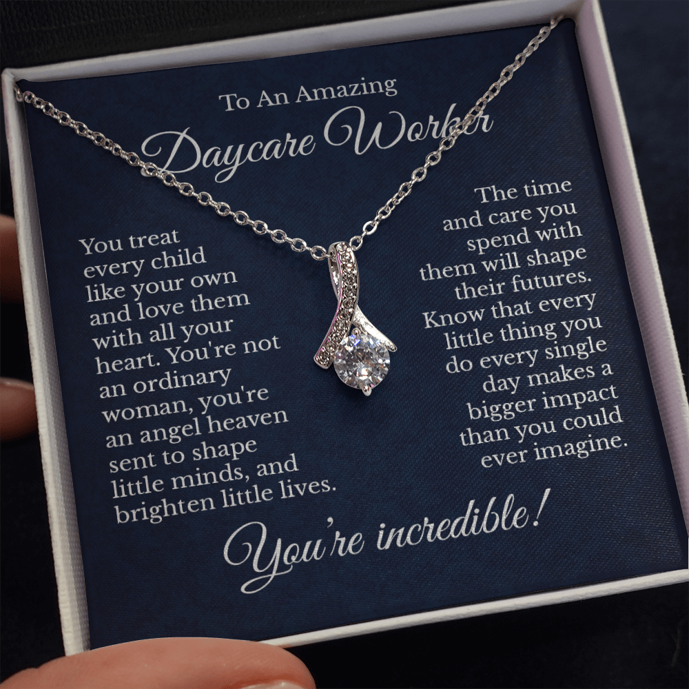 Daycare Worker Message Card Necklace Jewelry for Women, Daycare Staff Birthday Present Ideas, Daycare Teacher Thank You Pendant Gifts 211c