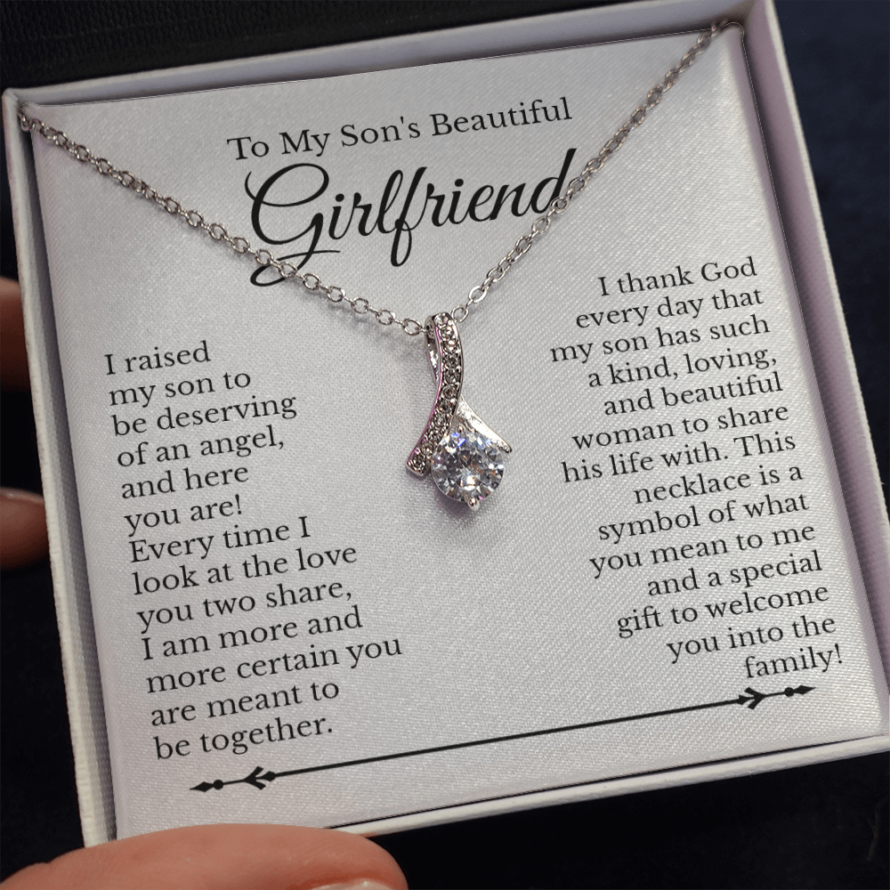 To My Son's Beautiful Girlfriend Message Card Necklace Jewelry, Bonus Daughter Sweet Present Idea, Future Daughter in Law Pendant Ideas 230d