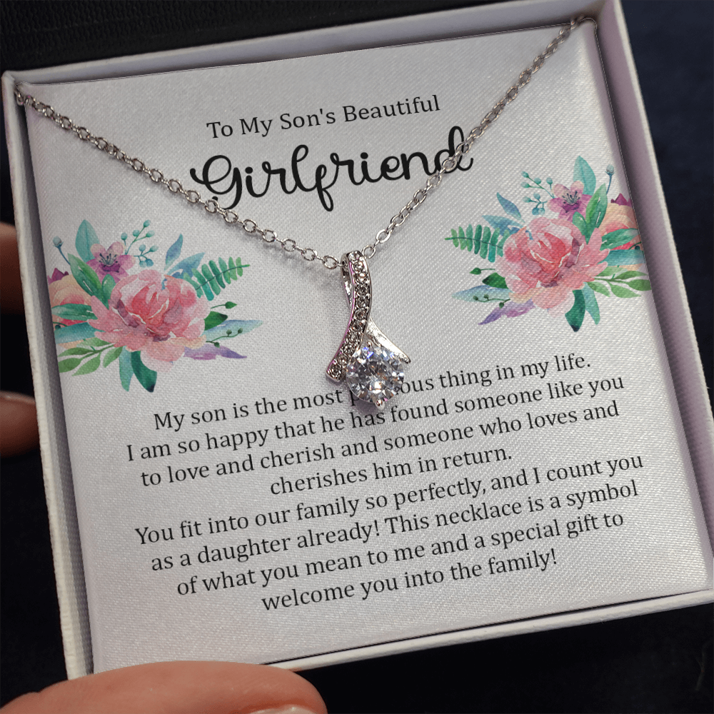 To My Son's Beautiful Girlfriend Message Card Necklace Jewelry, Bonus Daughter Sweet Present Idea, Future Daughter in Law Pendant Ideas 230b