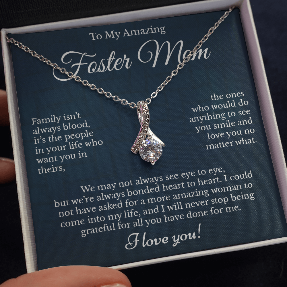 Foster Mom Message Card Necklace Jewelry Gift from Son / Daughter, Unbiological Mother Thoughtful Pendant Present Idea for Bonus Mommy 212a