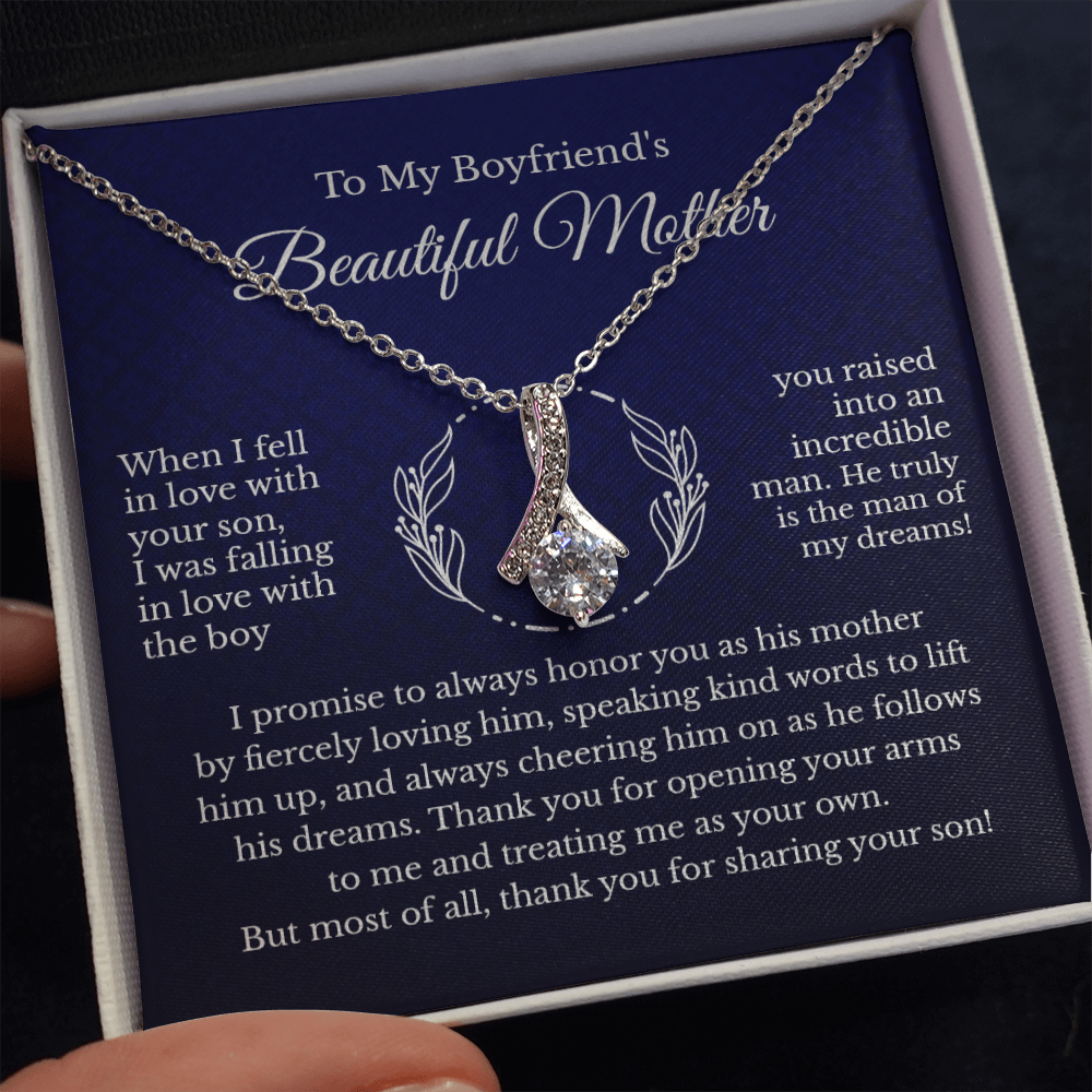 To My Boyfriend's Beautiful Mother Message Card Necklace Jewelry Gift, Mother's Day Birthday Christmas Appreciation Pendant Present Idea A