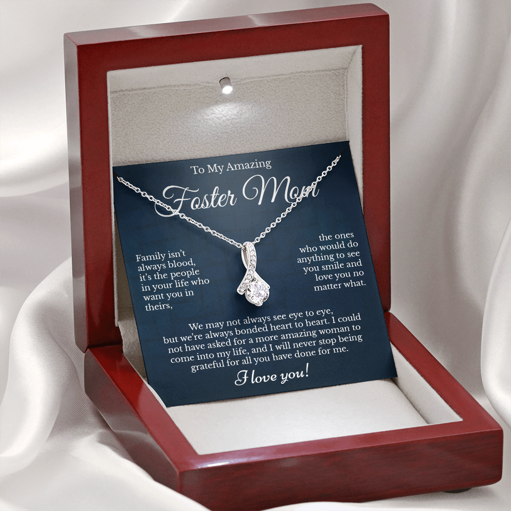 Foster Mom Message Card Necklace Jewelry Gift from Son / Daughter, Unbiological Mother Thoughtful Pendant Present Idea for Bonus Mommy 212a