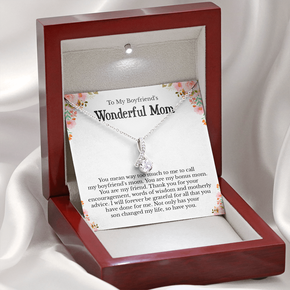 To My Boyfriend's Mom Message Card Necklace Jewelry Gifts from Son Girlfriend, BF Mom Gift Present Ideas, Future Mother In Law Pendant E