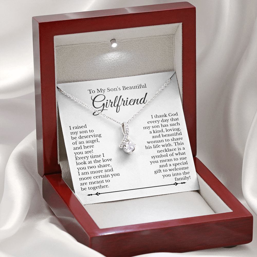 To My Son's Beautiful Girlfriend Message Card Necklace Jewelry, Bonus Daughter Sweet Present Idea, Future Daughter in Law Pendant Ideas 230d