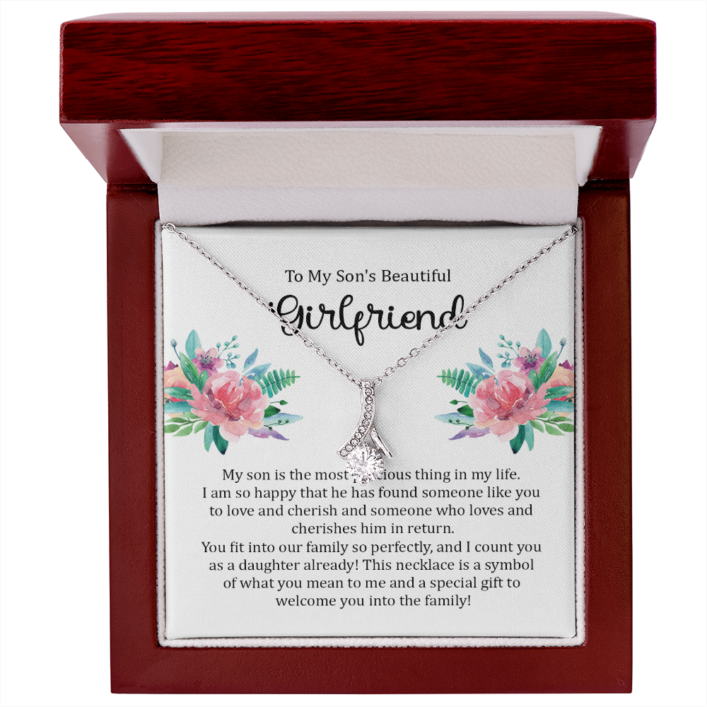 To My Son's Beautiful Girlfriend Message Card Necklace Jewelry, Bonus Daughter Sweet Present Idea, Future Daughter in Law Pendant Ideas 230b